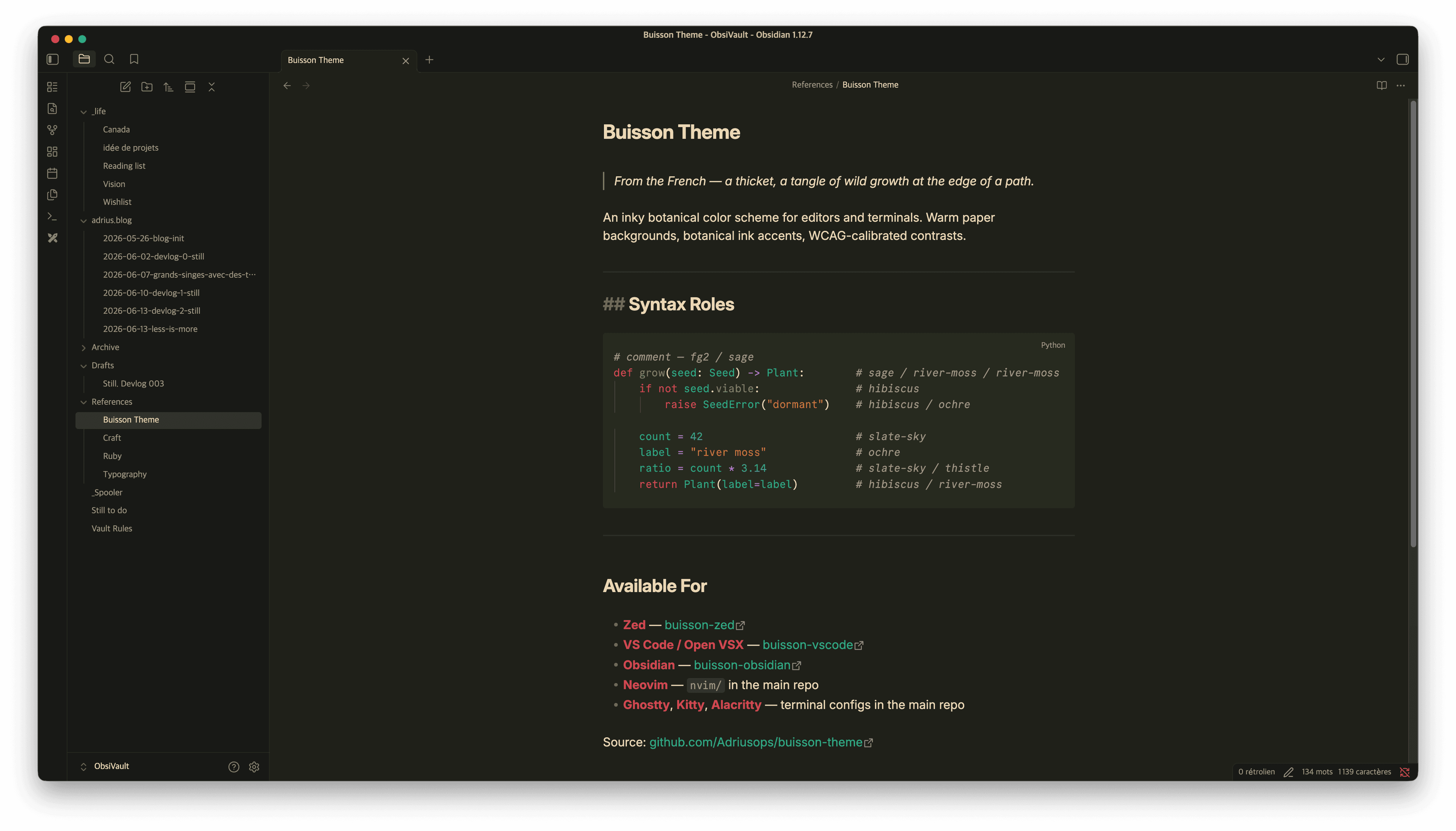 Screenshot of the Buisson Obsidian theme