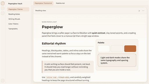 Screenshot of the Paperglow Obsidian theme