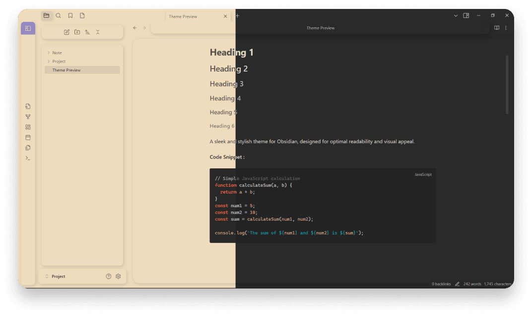 Screenshot of the Pale - 淡 Obsidian theme