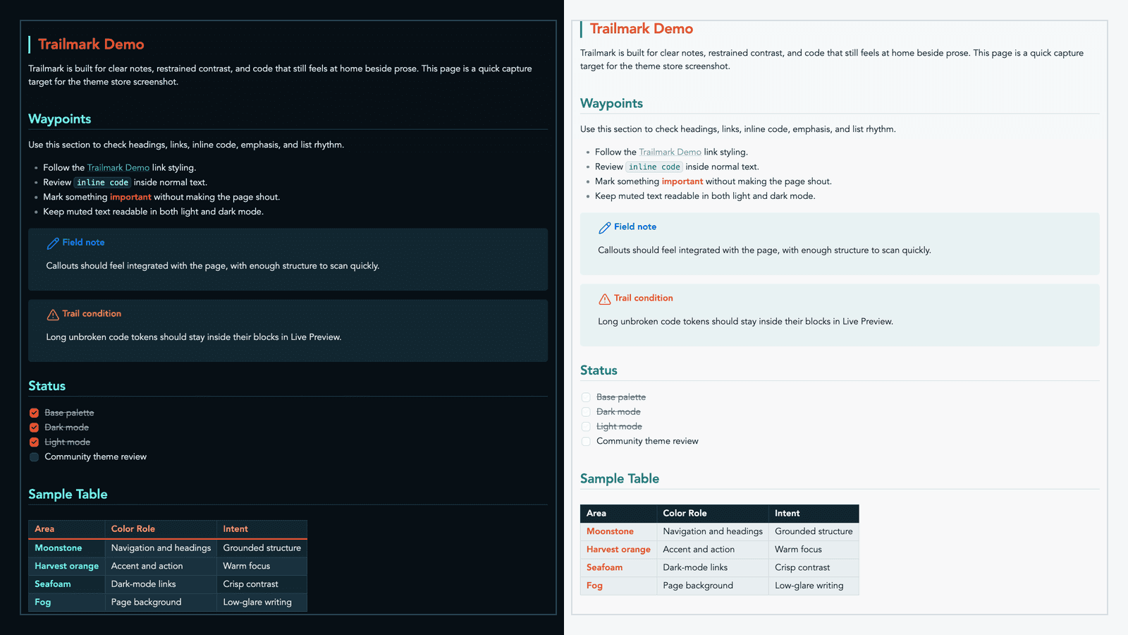 Screenshot of the Trailmark Obsidian theme