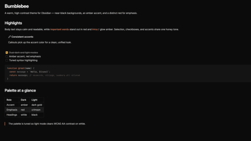 Screenshot of the Bumblebee Obsidian theme