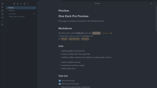Screenshot of the One Dark Pro Obsidian theme